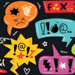 A black background with colorful speech bubbles, containing censored insults and curses.