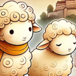 Two cartoon-style sheep, one of which is wearing a scarf. In the background is the silhouette of a Bavarian-style town.