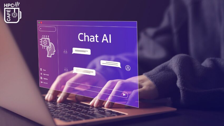 the image of a person working on a laptop with focus on their hands. The inscription “Chat AI” can be read on the screen and a stylized chat program can be seen.